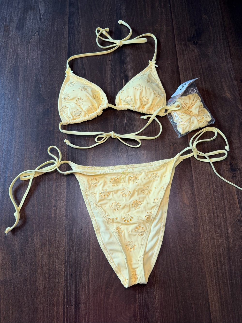 Delicate Yellow Eyelet Tie-Side Bikini Set - Women Swim